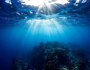 Sunlight beams through underwater coral reef