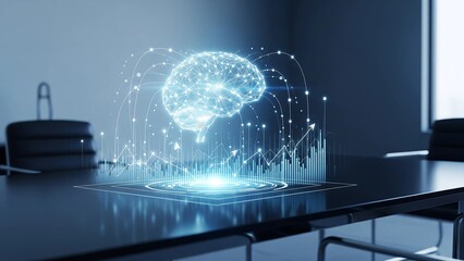 A glowing digital brain connected to business graphs and data points sits on a boardroom table, symbolizing artificial intelligence in business strategy and analysis.