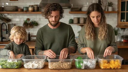 Family Sorting Recyclable Waste in Kitchen: Sustainable Living, Environmental Awareness, Education, and Responsibility for a Greener Future - Powered by Adobe