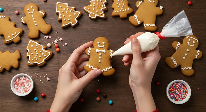 hands carefully decorating a gingerbread cookie with delicate icing using a piping bag. The background features other festive cookies and colorful sprinkles.