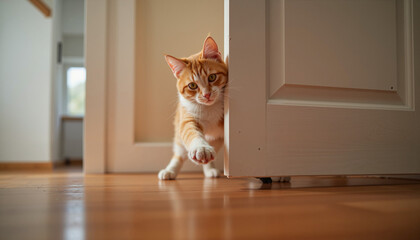 Curious cat reaching under door in cozy home setting, feline exploration