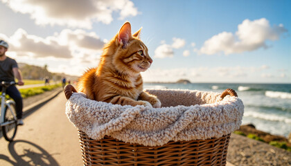 Adventurous cat enjoying a bicycle ride along coastal boardwalk, freedom