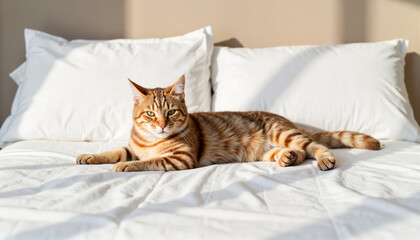 Serene tabby cat lounging on a bed in minimalist bedroom, relaxation