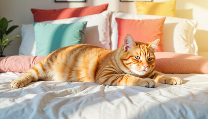 Relaxed ginger cat lounging on colorful bed pillows, home comfort