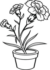 Iconic potted carnation flower outline vector.