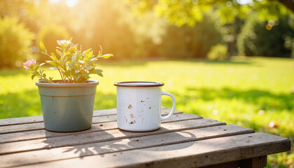 Chipped enamel mug beside potted plant on picnic table, outdoor serenity