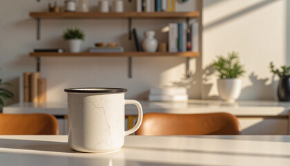 Chipped enamel mug on minimalist table with soft lighting, cozy ambiance