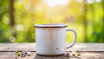 Chipped enamel mug on wooden table with wildflowers, countryside charm