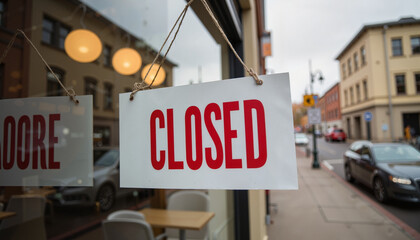 Closed bakery door with sign on cozy street corner, peaceful ambiance