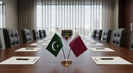 The flags of Pakistan and Qatar on a desk, symbolizing a diplomatic meeting