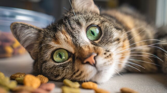 A calico cat with striking green eyes lies comfortably on the floor, resting its head near scattered pieces of dry cat food in a warm, inviting indoor environment.