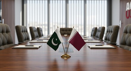 The flags of Pakistan and Qatar on a desk, symbolizing a diplomatic meeting