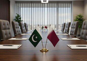 The flags of Pakistan and Qatar on a desk, symbolizing a diplomatic meeting
