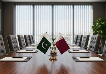 The flags of Pakistan and Qatar on a desk, symbolizing a diplomatic meeting