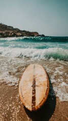 Surfboard on Sandy Beach with Ocean Waves