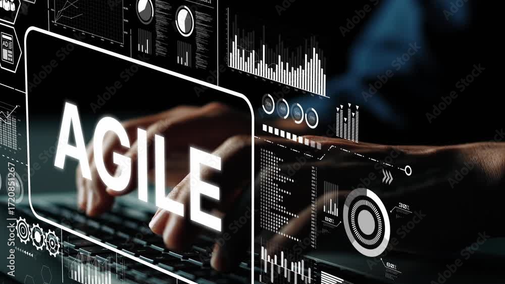 Poster business professional engaging with digital technology and data analytics representing the concept o