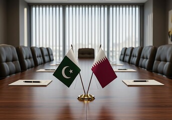 The flags of Pakistan and Qatar on a desk, symbolizing a diplomatic meeting