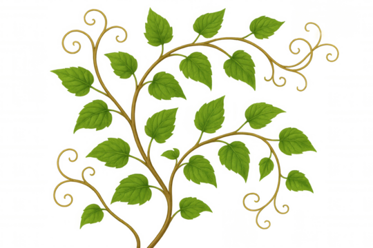 Green foliage vine with tendrils scrolling on transparent background for nature and growth concepts