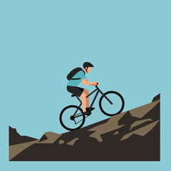 Minimalist Vector Illustration of Cyclist Riding Up Mountain in Modern Style with Blue Sky