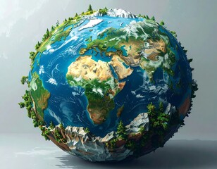 Fototapeta premium A detailed, three-dimensional representation of the Earth, showcasing its continents, oceans, and various landscapes.
