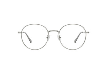 Isolated round silver eyeglasses, classic metal frame spectacles for prescription lenses