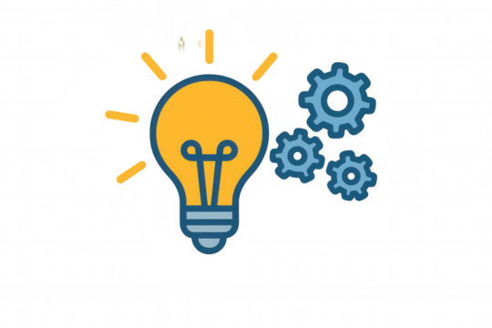 Lightbulb and gears icon representing innovation, creativity, problem solving, idea generation, and technological process