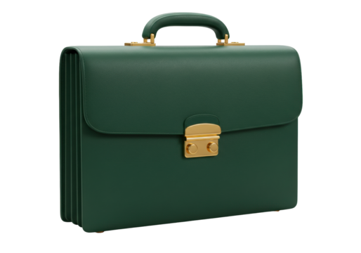 Isolated green leather briefcase, classic business accessory and office equipment. File folder