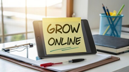 Sticky Note on Tablet with Text Grow Online for Digital Marketing and Business Growth Concepts in Office Setup
