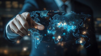 Hand interacting with digital world map interface.