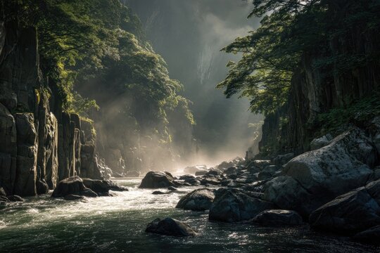 Sunlit mist shrouds a rocky river gorge, lush green vegetation clinging to steep, shadowed cliffs - Powered by Adobe