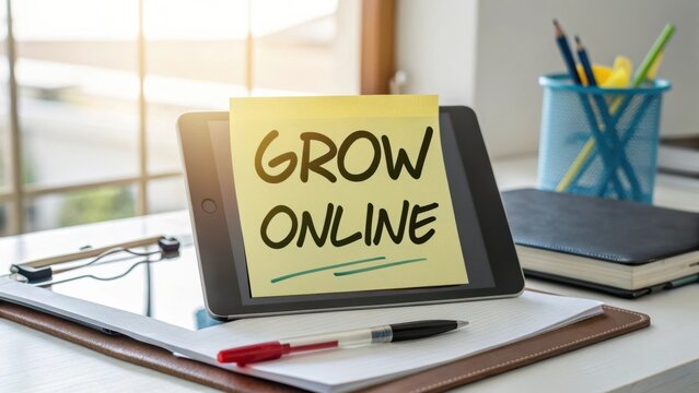Sticky Note on Tablet with Text Grow Online for Digital Marketing and Business Growth Concepts in Office Setup