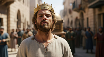 Obraz premium A reverent King David in prayerful worship on the streets of Jerusalem. A biblical concept of humility, passionate faith, and spiritual devotion.