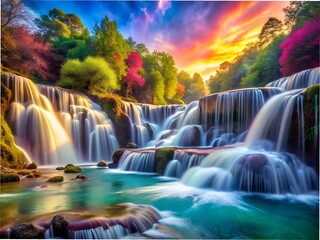 Obraz premium Majestic waterfall cascading through lush forest with vibrant autumn colors at sunset