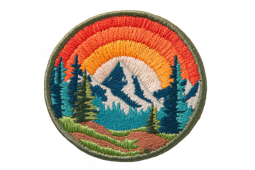 Embroidered patch depicting mountains sun and trees nature theme with detailed texture transparent