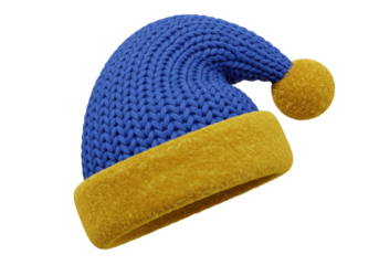 Isolated blue knitted hat with a yellow brim and pompom, winter season outfit, fashion item
