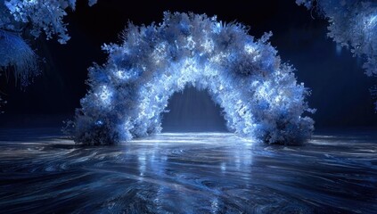 Glowing arch of frosty flora frames a luminous, reflective floor against a dark backdrop