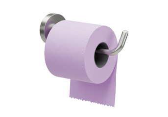 Isolated lavender toilet paper roll, bathroom object on metal holder, hygienic paper product