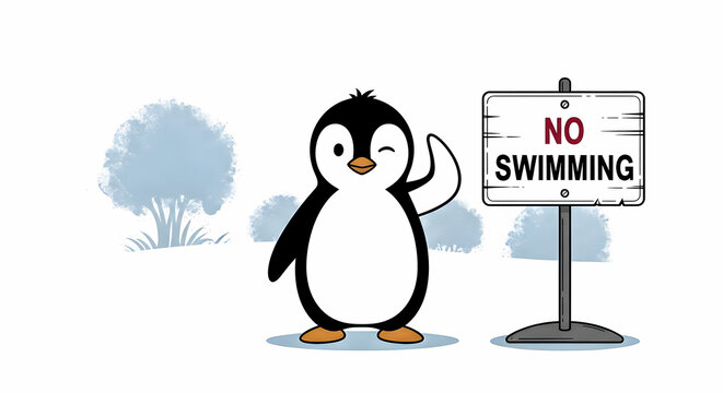 A mischievous cartoon penguin winking next to a humorous 'No Swimming' sign, illustrating a playful and ironic concept