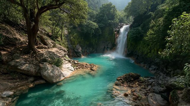 Waterfall Plunging into Turquoise Pool Surrounded by Lush Tropical Rainforest, Costa Rica, Nature Landscape, Serene Environment, Adventure Travel