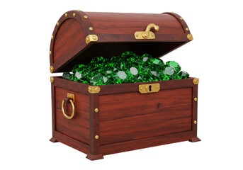 Isolated wooden treasure chest overflowing with shimmering green emeralds gems riches