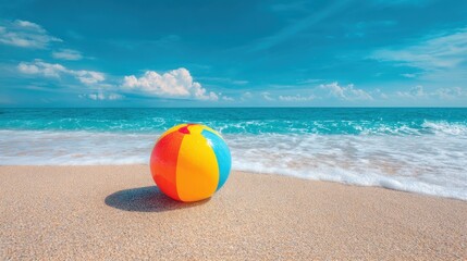 Obraz premium Brightly colored beach ball lies on the warm sand at the coastline, gently lapped by the ocean waves and set against a stunning blue sky, perfect for a summer day.