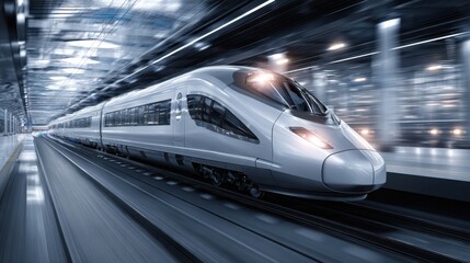 A sleek, futuristic train zooms past at a bustling railway station, showcasing advanced design and speed. Bright lights reflect off the train as it departs swiftly.