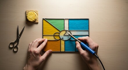  hands using a small soldering iron to create a precise connection on a stained-glass piece. The light shines through the colored glass, creating a beautiful effect.