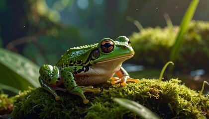 Naklejka premium A vivid green tree frog sits serenely on a patch of moss, its large, expressive eyes capturing the viewer's attention, set amidst lush greenery.