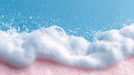 Fototapeta premium Gentle pink foam forms intricate patterns at the waters edge, reflecting the vibrant blue sky and creating a peaceful seaside atmosphere under the sun.