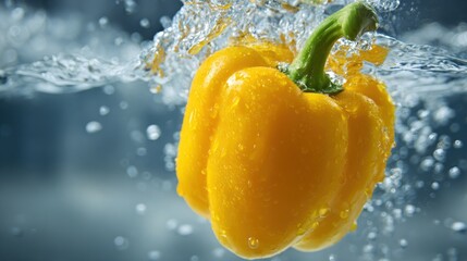 A vibrant yellow bell pepper is submerged in clear water, creating dynamic bubbles and ripples as it splashes. This moment captures the freshness and vitality of the pepper.