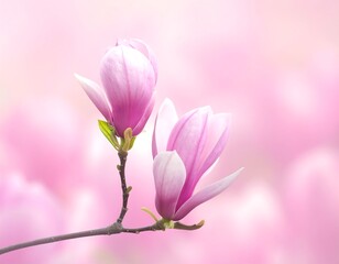 Obraz premium Two delicate pink magnolia blossoms, softly focused against a gentle pink background, showcase spring's beauty.