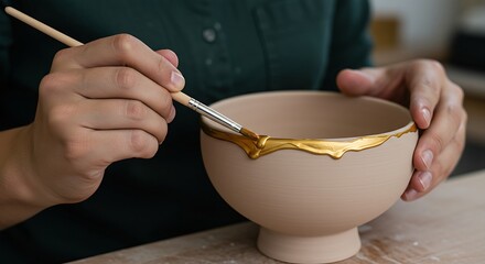 hands carefully applying a small amount of liquid gold onto the rim of a finished ceramic bowl with a fine brush. The focus is on the precision and the luxurious detail.