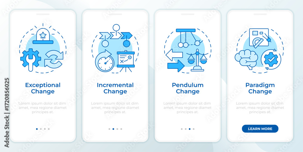 Poster types of change management blue onboarding mobile app screen. development. walkthrough 4 steps edita