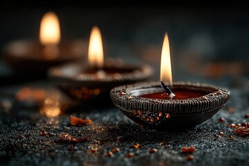 Happy Diwali background with diya oil lamps shining against a dark backdrop, warm and traditional setup